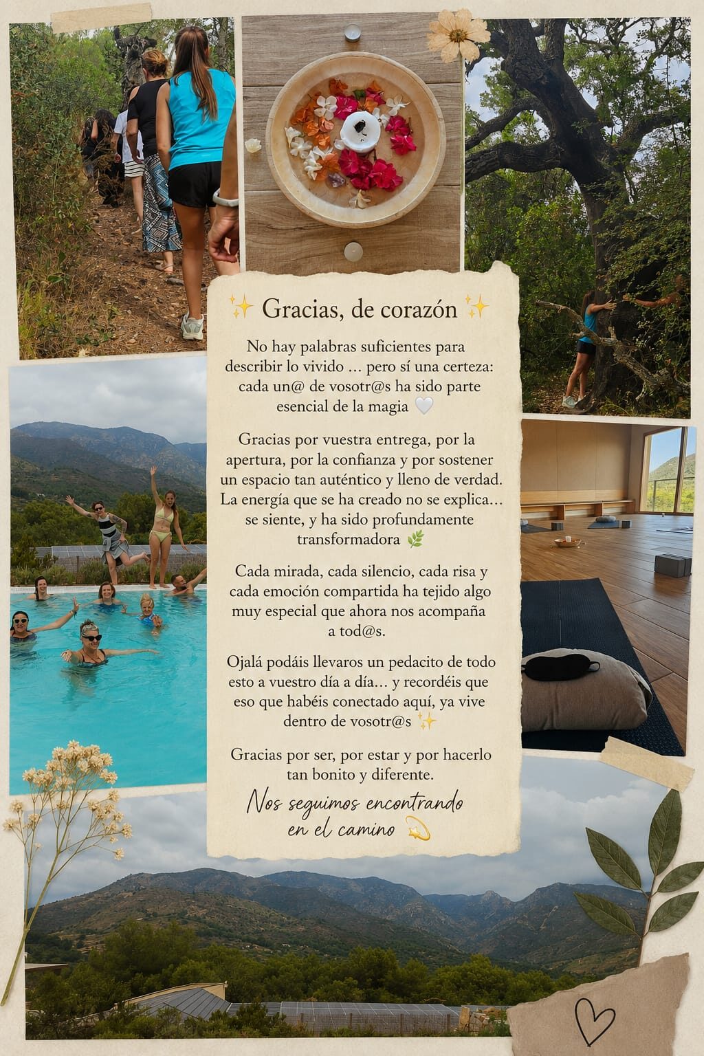 La tarjeta de agradecimiento que se llevaron los participantes, con fotos del paseo, del cuenco de flores, del alcornoque, de la piscina panorámica y de la sierra