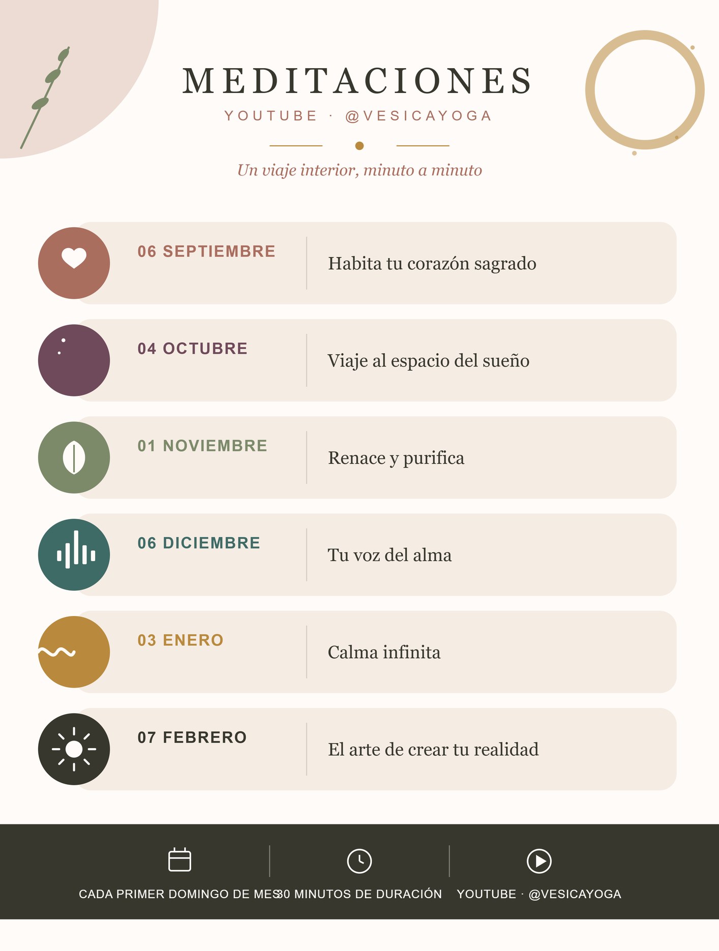 Cartel con las seis meditaciones que se publican en YouTube, una cada primer domingo de mes, de septiembre a febrero