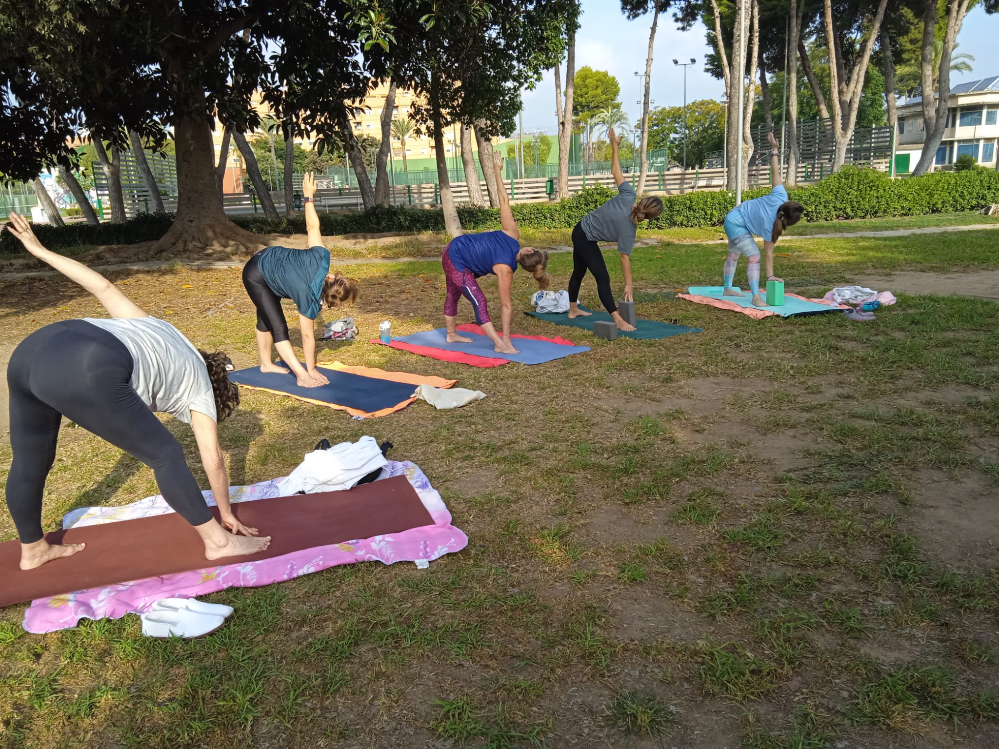 Cinco personas practicando una flexión lateral de pie sobre esterillas y toallas, en el césped del polideportivo, a la sombra de los árboles.