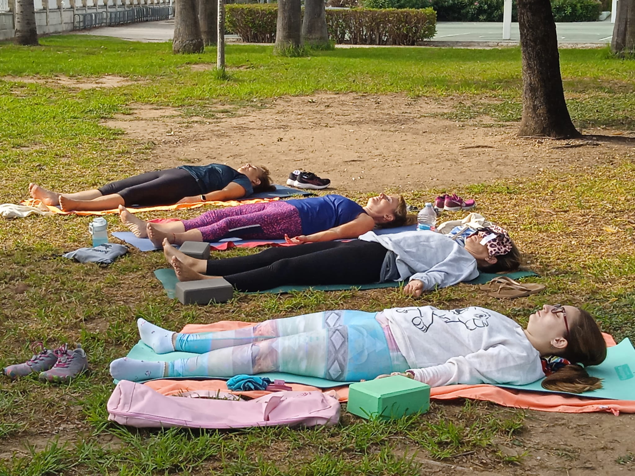 Cuatro personas tumbadas en savasana sobre esterillas en el césped, con los ojos cerrados, bajo la sombra de un árbol grande.